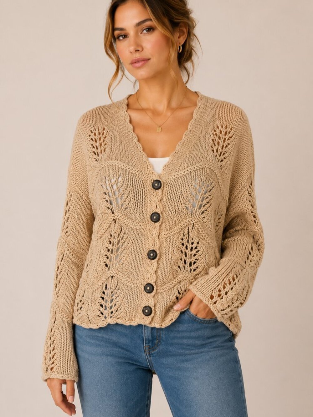 RICO 100% Cotton Chunky Openwork Leaf Knit Button Cardigan Tan